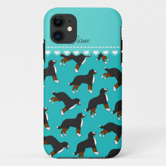 Personalised name turquoise Bernese Mountain dogs iPhone 11 Case