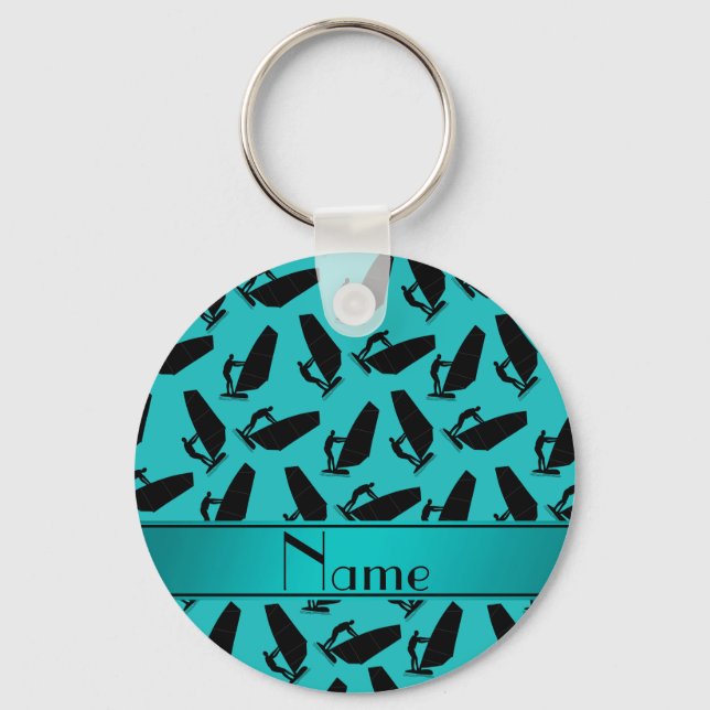 Personalised name turquoise black windsurfing key ring (Front)