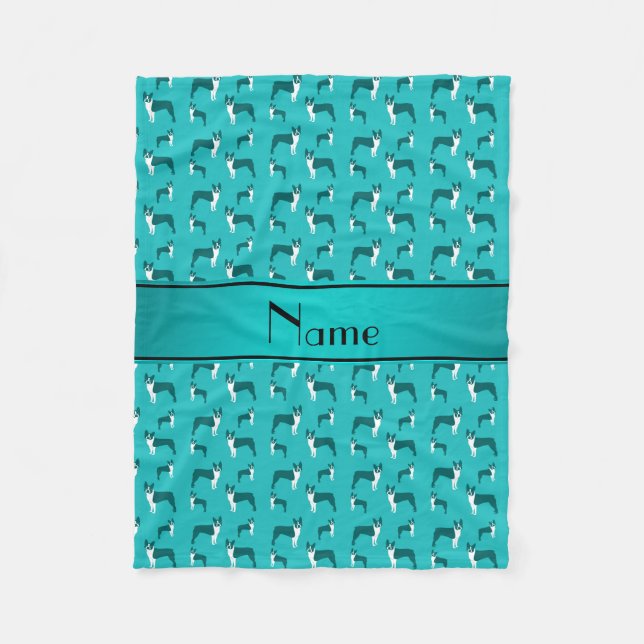 Personalised name turquoise boston terrier fleece blanket (Front)