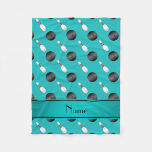Personalised name turquoise bowling balls pins fleece blanket
