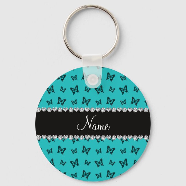 Personalised name turquoise butterfly pattern key ring (Front)