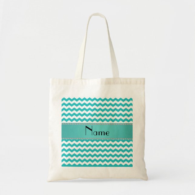 Personalised name turquoise chevrons tote bag (Front)