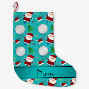Personalised name turquoise christmas golfing small christmas stocking