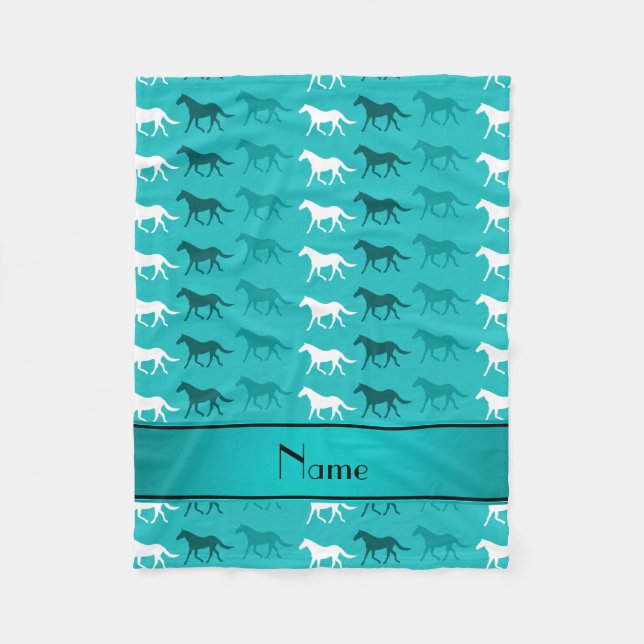 Personalised name turquoise coloured horses fleece blanket (Front)