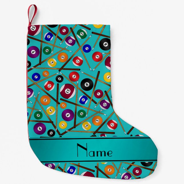 Personalised name turquoise colourful pool pattern small christmas stocking (Front)