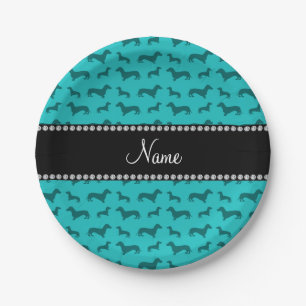 Personalised name turquoise dachshunds paper plate