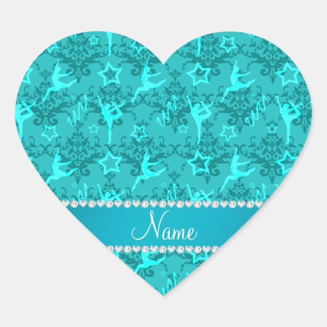 Personalised name turquoise damask gymnastics heart sticker (Front)