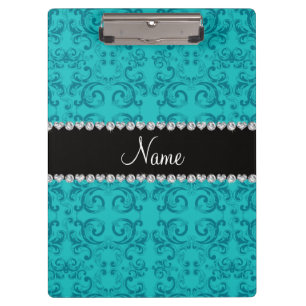 Personalised name turquoise damask swirls clipboard