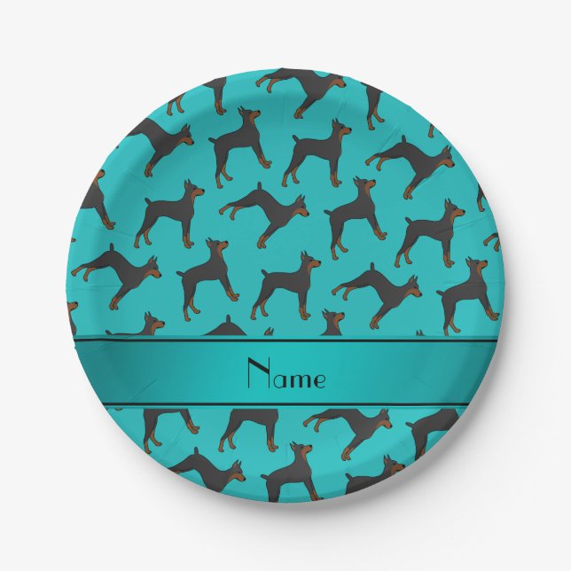 Personalised name turquoise doberman pinschers paper plate (Front)