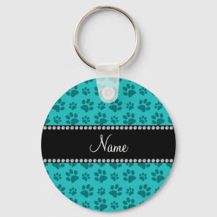 Personalised name turquoise dog paw prints key ring