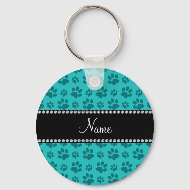 Personalised name turquoise dog paw prints key ring (Front)