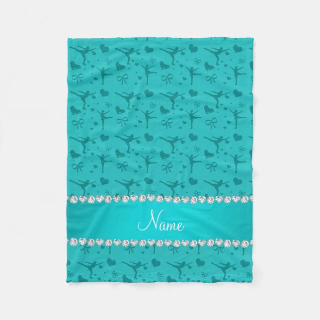 Personalised name turquoise figure skating fleece blanket (Front)