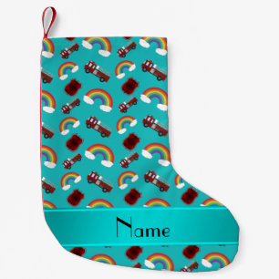 Personalised name turquoise fire trucks rainbows small christmas stocking