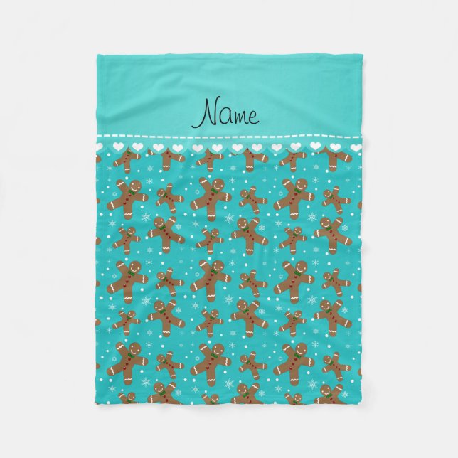 Personalised name turquoise gingerbread snowflakes fleece blanket (Front)