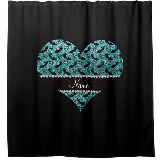 Personalised name turquoise glitter fancy shoe bow shower curtain (Front)