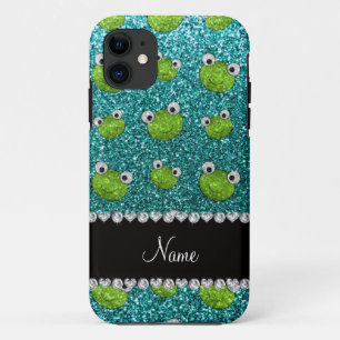Personalised name turquoise glitter frogs Case-Mate iPhone case