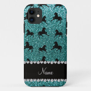 Personalised name turquoise glitter horses iPhone 11 case