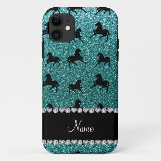 Personalised name turquoise glitter horses iPhone 11 case