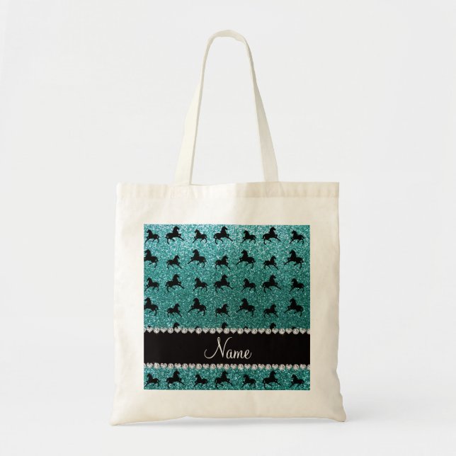 Personalised name turquoise glitter horses tote bag (Front)