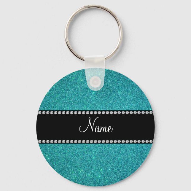 Personalised name turquoise glitter key ring (Front)