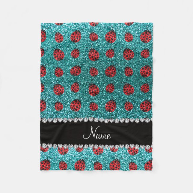 Personalised name turquoise glitter ladybug fleece blanket (Front)