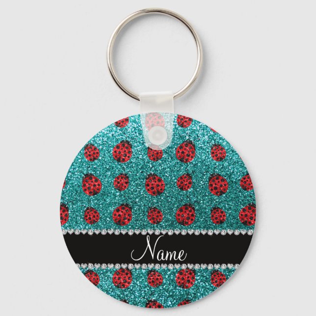 Personalised name turquoise glitter ladybug key ring (Front)