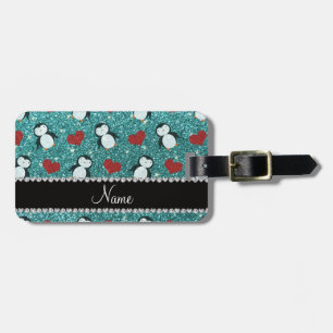 Personalised name turquoise glitter penguins heart luggage tag