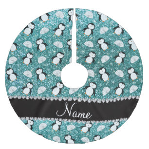 Personalised name turquoise glitter penguins igloo brushed polyester tree skirt