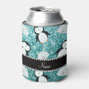 Personalised name turquoise glitter penguins igloo can cooler