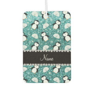 Personalised name turquoise glitter penguins igloo car air freshener