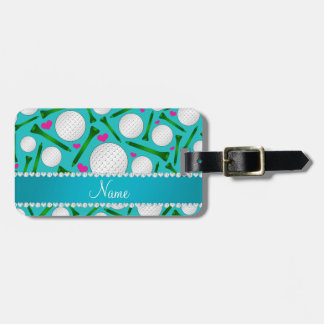 Personalised name turquoise golf balls tees hearts luggage tag