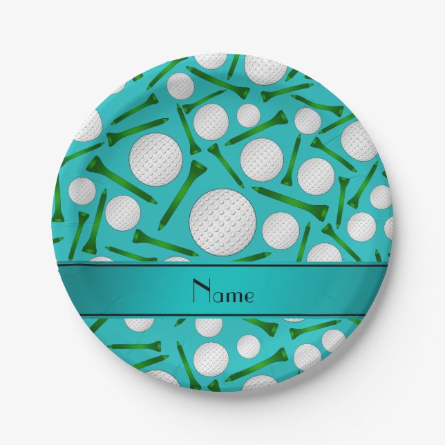 Personalised name turquoise golf balls tees paper plate (Front)