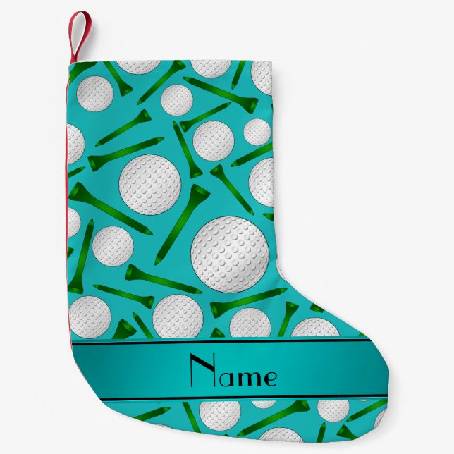 Personalised name turquoise golf balls tees small christmas stocking (Front)