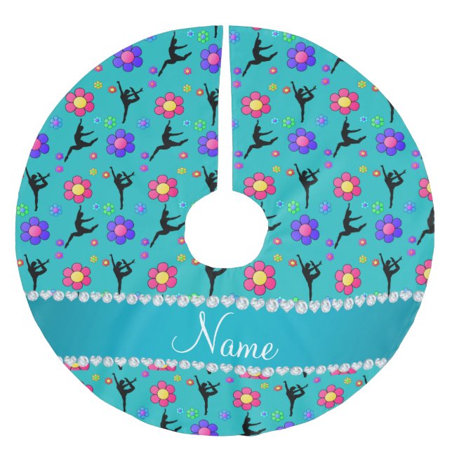 Personalised name turquoise gymnastics flowers brushed polyester tree skirt (Front)