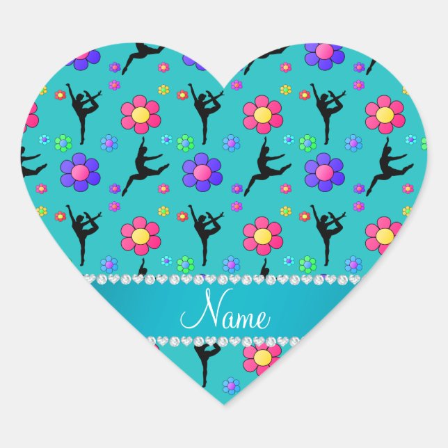 Personalised name turquoise gymnastics flowers heart sticker (Front)