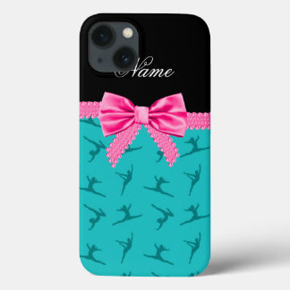 Personalised name turquoise gymnastics pink bow iPhone 13 case