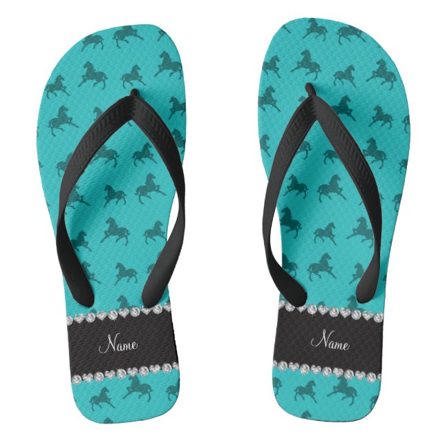 Personalised name turquoise horse pattern jandals (Footbed)