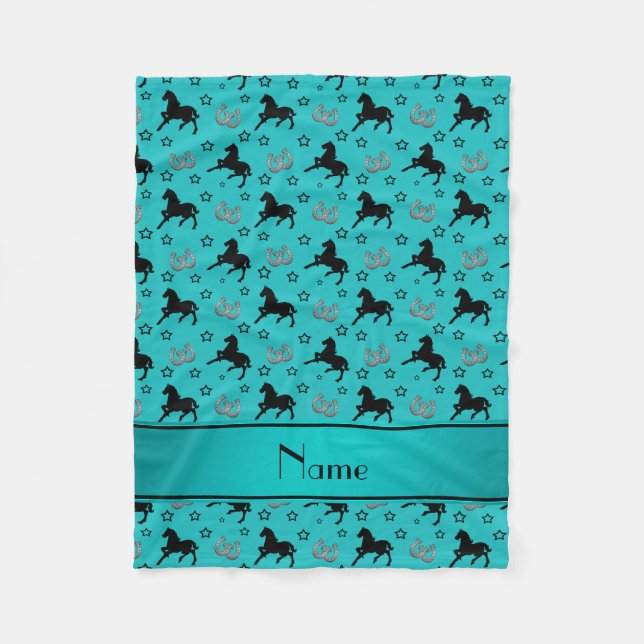 Personalised name turquoise horses stars horseshoe fleece blanket (Front)