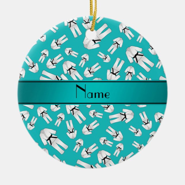 Personalised name turquoise karate pattern ceramic tree decoration (Front)
