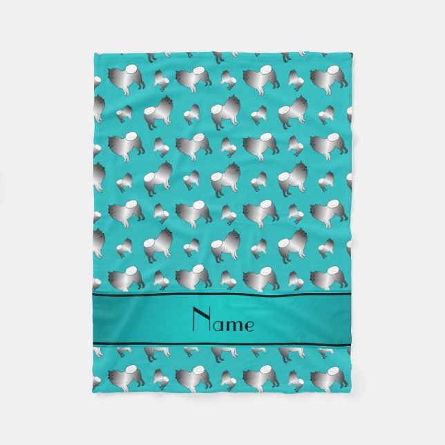Personalised name turquoise keeshond dogs fleece blanket (Front)