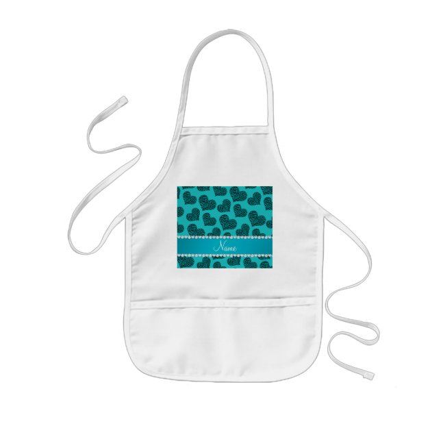 Personalised name turquoise leopard hearts kids apron (Front)