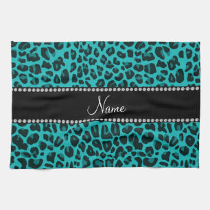 Personalised name turquoise leopard pattern tea towel