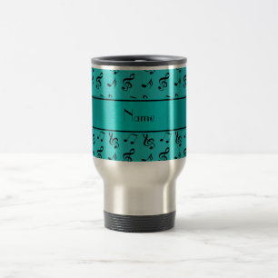 Personalised name turquoise music notes travel mug