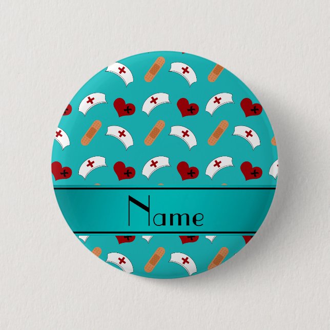 Personalised name turquoise nurse pattern 6 cm round badge (Front)