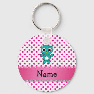 Personalised name turquoise owl pink stars key ring