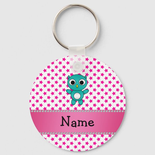 Personalised name turquoise owl pink stars key ring (Front)