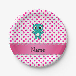 Personalised name turquoise owl pink stars paper plate