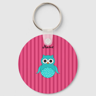 Personalised name turquoise owl pink stripes key ring