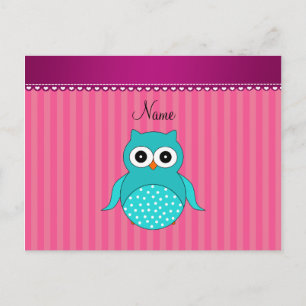 Personalised name turquoise owl pink stripes postcard