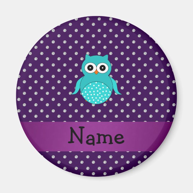 Personalised name turquoise owl purple diamonds magnet (Front)